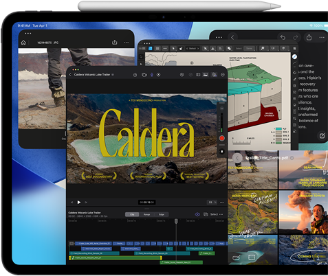 Vista frontal do iPad Pro, preto sideral, na horizontal, Apple Pencil fixado na parte superior do dispositivo, ecrã com várias janelas de apps lado a lado, incluindo o Final Cut Pro com várias funcionalidades de edição de vídeo e linha temporal, Mapas, Notas e vários clips multimédia