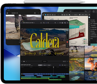 Vista frontal do iPad Pro, preto sideral, na horizontal, Apple Pencil fixado na parte superior do dispositivo, ecrã com várias janelas de apps lado a lado, incluindo o Final Cut Pro com várias funcionalidades de edição de vídeo e linha temporal, Mapas, Notas e vários clips multimédia