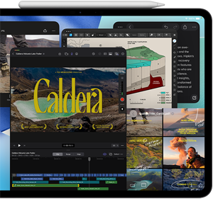 Vista frontal do iPad Pro, preto sideral, na horizontal, Apple Pencil fixado na parte superior do dispositivo, ecrã com várias janelas de apps lado a lado, incluindo o Final Cut Pro com várias funcionalidades de edição de vídeo e linha temporal, Mapas, Notas e vários clips multimédia