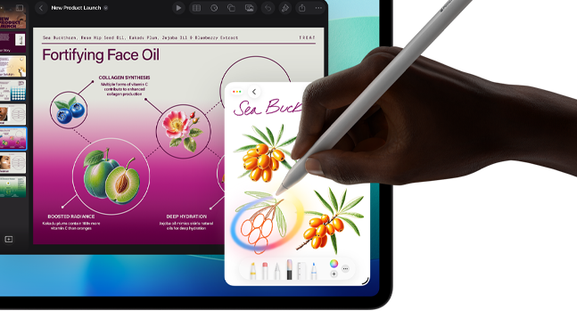 Vista frontal do iPad Pro, ecrã com fundo em gradiente azul escuro e verde com várias apps abertas, mão a segurar o Apple Pencil Pro a desenhar um círculo à volta de um esboço que mostra a funcionalidade Varinha gráfica da Apple Intelligence