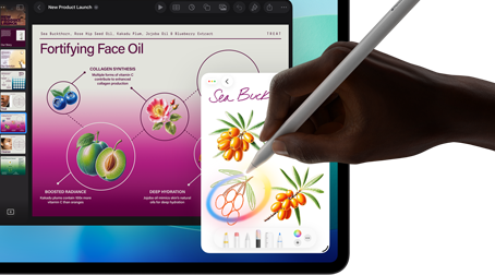 Vista frontal do iPad Pro, ecrã com fundo em gradiente azul escuro e verde com várias apps abertas, mão a segurar o Apple Pencil Pro a desenhar um círculo à volta de um esboço que mostra a funcionalidade Varinha gráfica da Apple Intelligence