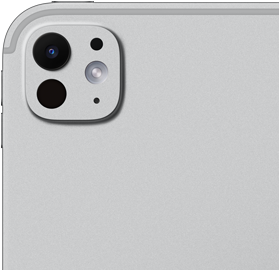 Vista traseira do iPad Pro, prateado, sistema de câmaras pro com objetiva de cinco elementos e flash True Tone adaptativo