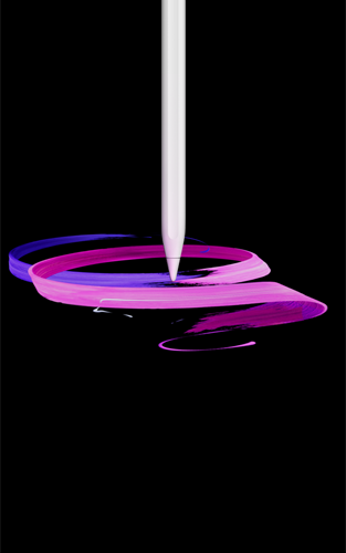 Vista frontal do Apple Pencil Pro, branco, colocado na vertical, perfil lateral, desenho abstrato com fitas roxas e rosa
