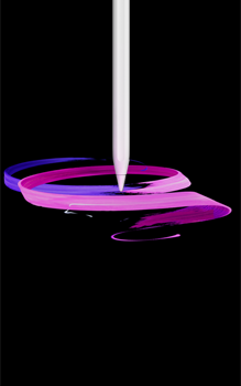 Vista frontal do Apple Pencil Pro, branco, colocado na vertical, perfil lateral, desenho abstrato com fitas roxas e rosa