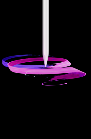 Vista frontal do Apple Pencil Pro, branco, colocado na vertical, perfil lateral, desenho abstrato com fitas roxas e rosa