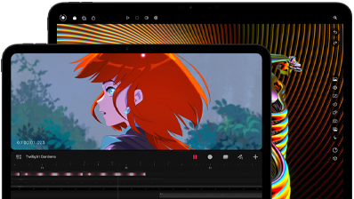 Vista frontal do iPad Pro de 13 polegadas e iPad Pro de 11 polegadas, preto sideral, colocado na horizontal, ecrã com moldura preta e cantos arredondados, ecrã de 11 polegadas com uma imagem vibrante de uma personagem com cabelo vermelho, ecrã de 13 polegadas com elementos coloridos da interface de edição de fotografias