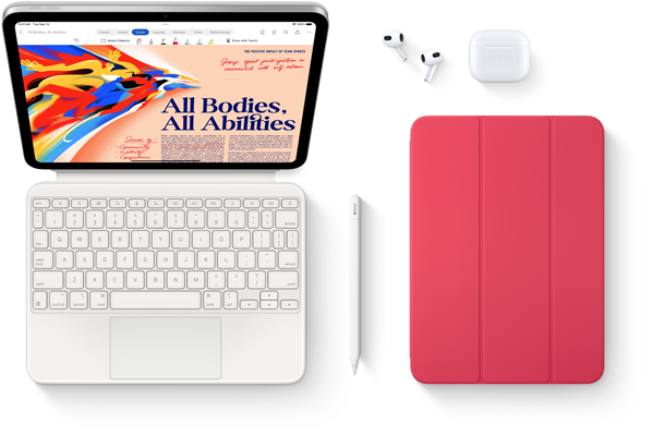 Apresentação do iPad, Magic Keyboard Folio, Apple Pencil, AirPods e Smart Folio.