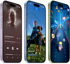 Vista frontal e lateral de dispositivos iPhone 17, a mostrar a Apple Music, reprodução de vídeo, jogos, e os botões Ação e de volume