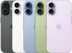 Vista traseira do iPhone 17, com sistema de câmara dupla Fusion, as cinco cores sobrepostas: preto, branco, verde sálvia, azul‑névoa e lavanda