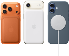Vista traseira do iPhone 17 Pro laranja cósmico, com Capa em silicone na cor Sienna e Carteira em tecido FineWoven com MagSafe em laranja‑raposa; vista traseira do iPhone Air branco‑nuvem, com Bateria MagSafe; vista traseira do iPhone 17 azul‑névoa, com Capa em silicone em azul‑âncora e Carregador MagSafe