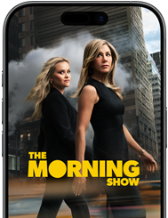 Vista frontal do ecrã do iPhone 17, a mostrar uma imagem da série The Morning Show da Apple TV+