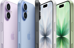 Vista frontal, traseira e lateral do iPhone 17, as cinco cores: lavanda, azul‑névoa, preto, branco e verde sálvia.