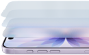Vista frontal e lateral do iPhone 17, com vista detalhada das camadas de Ceramic Shield