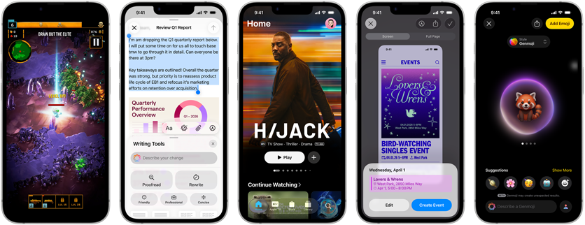 Dispositivos iPhone 17e lado a lado, diferentes ecrãs a mostrar: ação de um videojogo, ferramentas de escrita, app Apple TV, criação de um evento do calendário, criação de um Genmoji