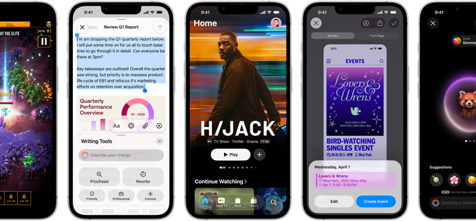 Dispositivos iPhone 17e lado a lado, diferentes ecrãs a mostrar: ação de um videojogo, ferramentas de escrita, app Apple TV, criação de um evento do calendário, criação de um Genmoji
