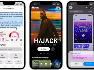 Dispositivos iPhone 17e lado a lado, diferentes ecrãs a mostrar: ação de um videojogo, ferramentas de escrita, app Apple TV, criação de um evento do calendário, criação de um Genmoji