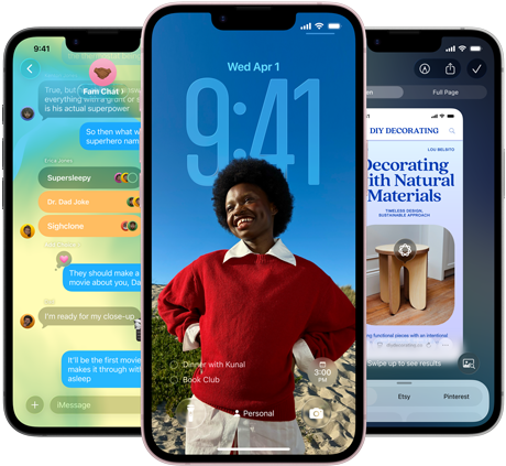 Três dispositivos iPhone 17e, a mostrar a app Mensagens com design Liquid Glass, Ecrã bloqueado dinâmico e Inteligência visual em utilização