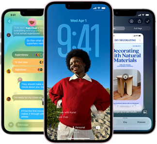 Três dispositivos iPhone 17e, a mostrar a app Mensagens com design Liquid Glass, Ecrã bloqueado dinâmico e Inteligência visual em utilização