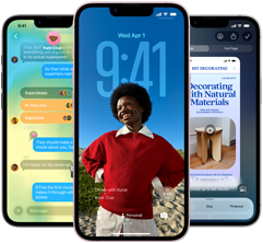Três dispositivos iPhone 17e, a mostrar a app Mensagens com design Liquid Glass, Ecrã bloqueado dinâmico e Inteligência visual em utilização