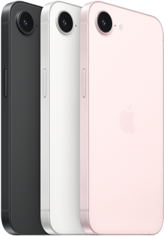 Vista lateral e traseira do iPhone 17e preto, vista lateral e traseira, branco, vista lateral e traseira, rosa‑pálido, câmara Fusion em cima, botão lateral