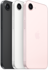 Vista lateral e traseira do iPhone 17e preto, vista lateral e traseira, branco, vista lateral e traseira, rosa‑pálido, câmara Fusion em cima, botão lateral