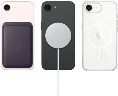 iPhone 17e rosa‑pálido com Carteira em tecido FineWoven na cor roxo meia‑noite, iPhone 17e preto e Carregador MagSafe, iPhone 17e branco com Capa transparente com MagSafe