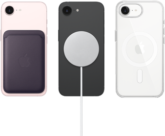 iPhone 17e rosa‑pálido com Carteira em tecido FineWoven na cor roxo meia‑noite, iPhone 17e preto e Carregador MagSafe, iPhone 17e branco com Capa transparente com MagSafe