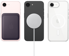 iPhone 17e rosa‑pálido com Carteira em tecido FineWoven na cor roxo meia‑noite, iPhone 17e preto e Carregador MagSafe, iPhone 17e branco com Capa transparente com MagSafe