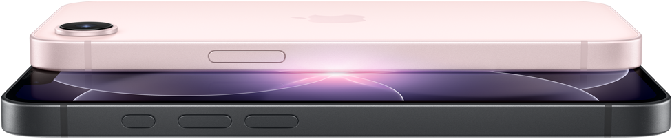 Vista lateral e traseira do iPhone 17e rosa‑pálido, colocado na horizontal, vista lateral e frontal do iPhone 17e preto