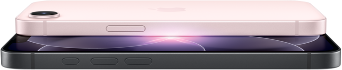 Vista lateral e traseira do iPhone 17e rosa‑pálido, colocado na horizontal, vista lateral e frontal do iPhone 17e preto