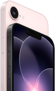 Vista lateral e traseira do iPhone 17e rosa‑pálido, colocado na horizontal, vista lateral e frontal do iPhone 17e preto