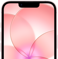 Vista frontal parcial do iPhone 17e rosa‑pálido, com Ceramic Shield 2, a mostrar a imagem do papel de parede com uma flor rosa