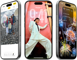 Vista frontal de 3 modelos iPhone 17 Pro lado a lado, para ilustrar o iOS 26, o efeito Liquid Glass e a funcionalidade Apple Intelligence