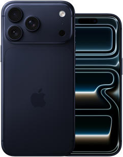 Dois dispositivos iPhone lado a lado: vista traseira do iPhone 17 Pro Max azul escuro, com sistema de câmaras Pro, 3 lentes, microfone e flash, e vista frontal do ecrã total do iPhone 17 Pro azul escuro