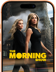 Vista frontal do ecrã do iPhone 17 Pro, a mostrar uma imagem da série The Morning Show da Apple TV+