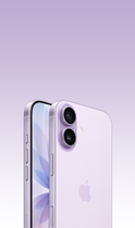 Vista frontal do iPhone 17 lavanda, vista traseira em ângulo do sistema de câmaras Dual Fusion em relevo no canto superior esquerdo, botão Controlo da câmara, vista frontal do ecrã total, botão Ação, botão lateral e botões de volume