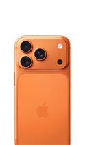 Vista traseira do iPhone 17 Pro laranja cósmico, sistema de câmaras Pro Fusion em relevo no topo