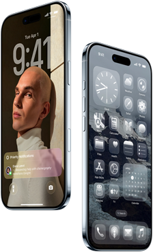 Vista frontal e lateral de dois dispositivos iPhone Air, com perfil fino, Ecrã bloqueado e ecrã principal