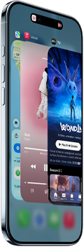 Vista frontal e lateral do iPhone Air, com perfil fino, Dynamic Island centrada em cima, funcionalidade Seletor de aplicações em utilização e os seguintes botões: Ação e volume