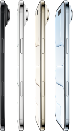Vista lateral do iPhone Air, nas quatro cores: azul‑céu, dourado‑claro, branco‑nuvem e preto sideral, com perfil ultrafino, sistema de câmara Fusion e os seguintes botões: lateral e Controlo da câmara
