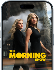 Vista frontal do ecrã do iPhone Air, a mostrar uma imagem da série The Morning Show da Apple TV+.