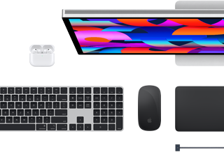 Acessórios para Mac: AirPods, Studio Display, Magic Keyboard, Magic Mouse, Magic Trackpad, Cabo de carregamento MagSafe