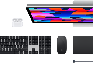 Acessórios para Mac: AirPods, Studio Display, Magic Keyboard, Magic Mouse, Magic Trackpad, Cabo de carregamento MagSafe