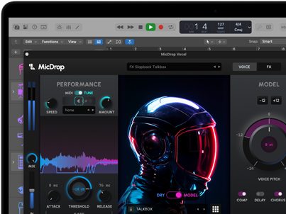 Conteúdo do ecrã a demonstrar o software MicDrop que utiliza funcionalidades de IA para editar uma gravação de voz no MacBook Pro
