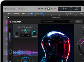 Conteúdo do ecrã a demonstrar o software MicDrop que utiliza funcionalidades de IA para editar uma gravação de voz no MacBook Pro