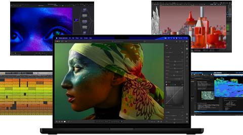 Uma variedade de conteúdos coloridos no ecrã, incluindo apps de produção musical, edição de vídeo, animação 3D e edição de fotos no Mac, para demonstrar o poderoso desempenho gráfico