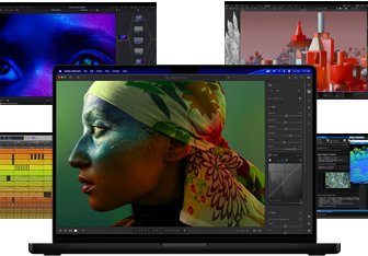 Uma variedade de conteúdos coloridos no ecrã, incluindo apps de produção musical, edição de vídeo, animação 3D e edição de fotos no Mac, para demonstrar o poderoso desempenho gráfico