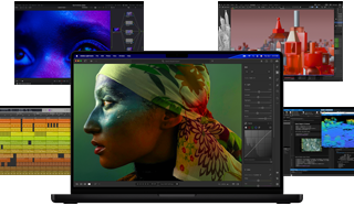 Uma variedade de conteúdos coloridos no ecrã, incluindo apps de produção musical, edição de vídeo, animação 3D e edição de fotos no Mac, para demonstrar o poderoso desempenho gráfico