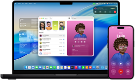 MacBook Pro de 14 polegadas e iPhone 16, com o iPhone a ligar para um contacto chamado Luis e o MacBook Pro a apresentar a mesma chamada na app Telefone