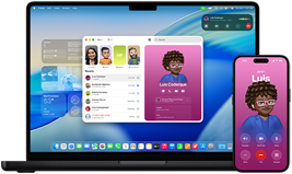 MacBook Pro de 14 polegadas e iPhone 16, com o iPhone a ligar para um contacto chamado Luis e o MacBook Pro a apresentar a mesma chamada na app Telefone